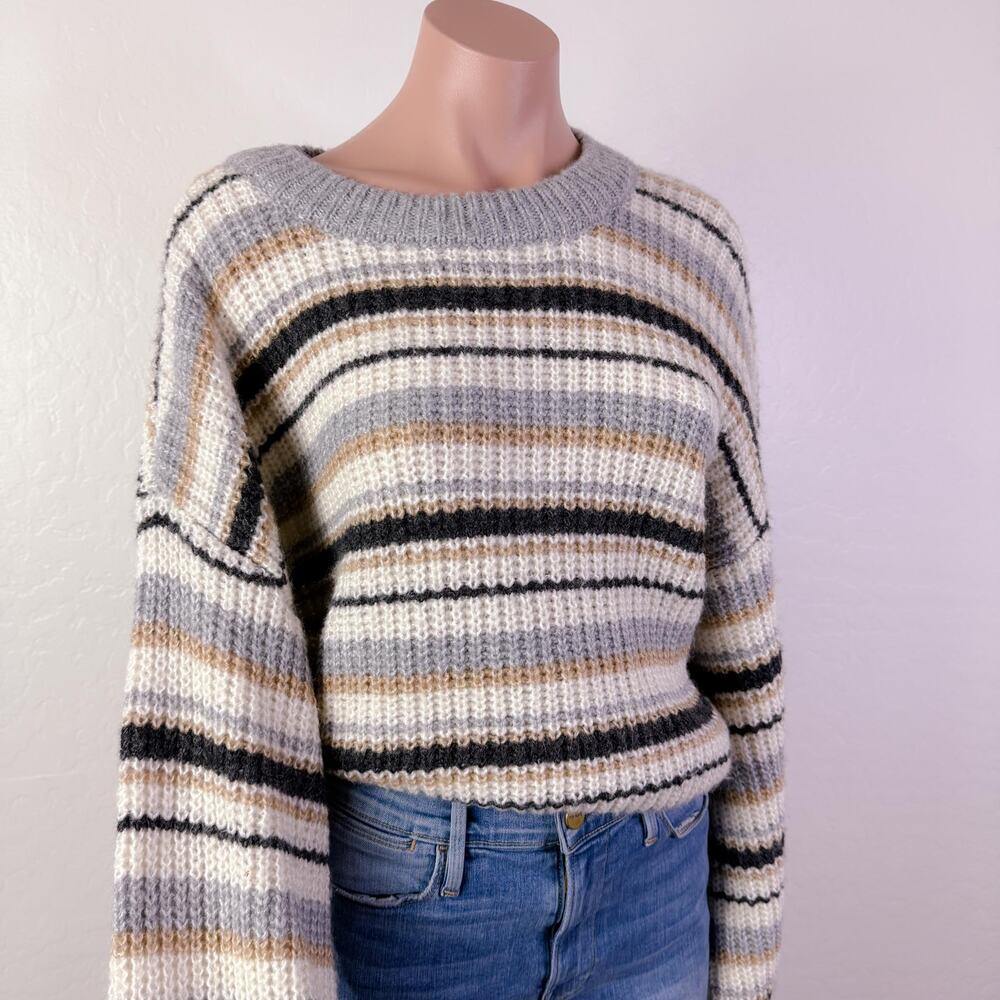 Grandpa Fisherman Striped Chunky Knit Sweater Gray Tan Cream Casual sz XL NWT